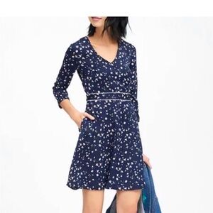 BANANA REPUBLIC Ditsy Floral V Neck Fit Flare Navy Blue Dress Plus Size 14